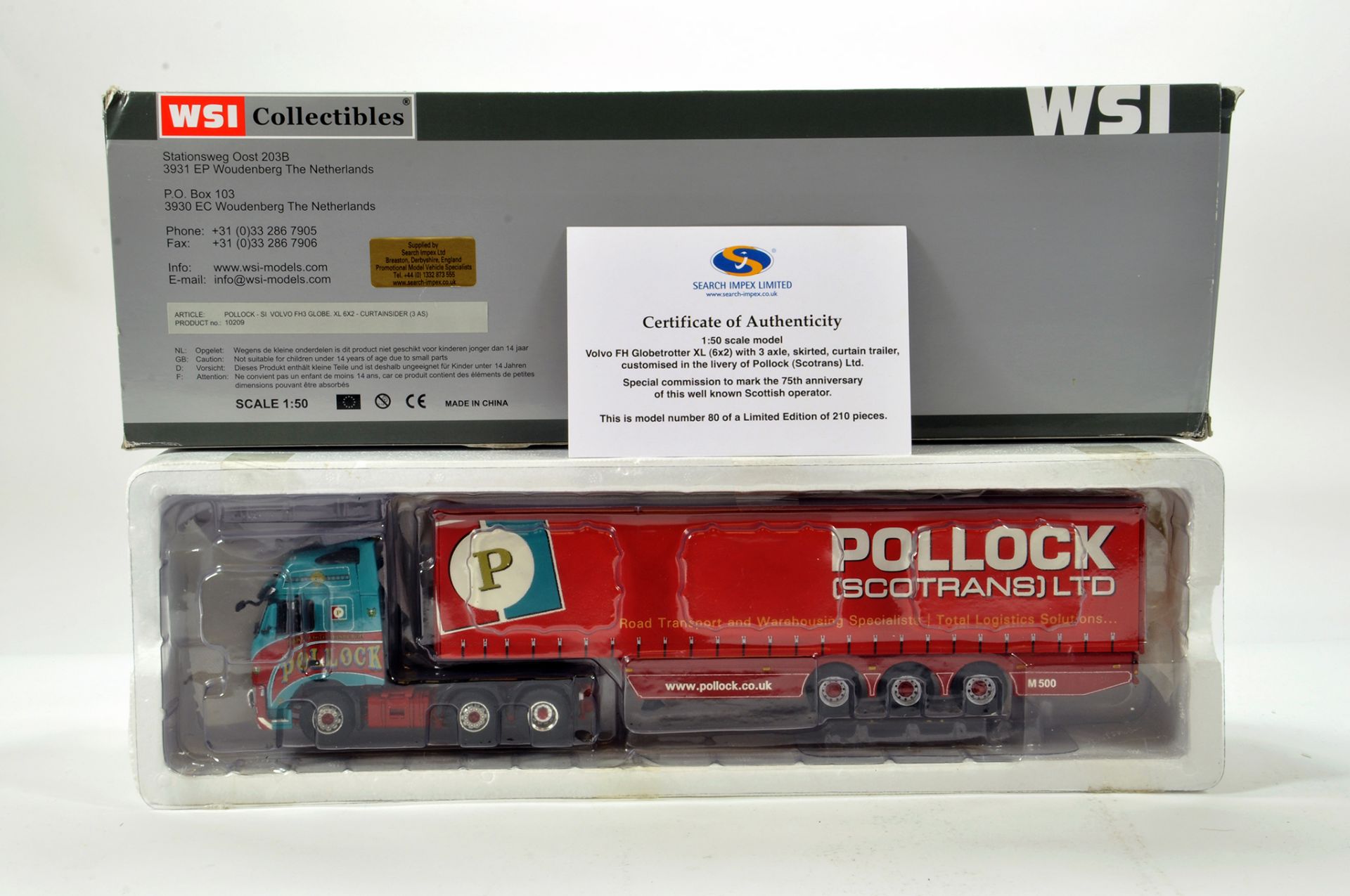 WSI 1/50 diecast precision truck issue comprising Volvo FH Globetrotter with Curtain Trailer in