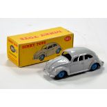 Dinky No. 181 Volkswagen Saloon in grey, with blue ridged hubs and silver trim. Fine example is E to