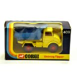 Corgi No. 409 Unimog Tipper in Blue and Yellow. E to NM in VG Box.