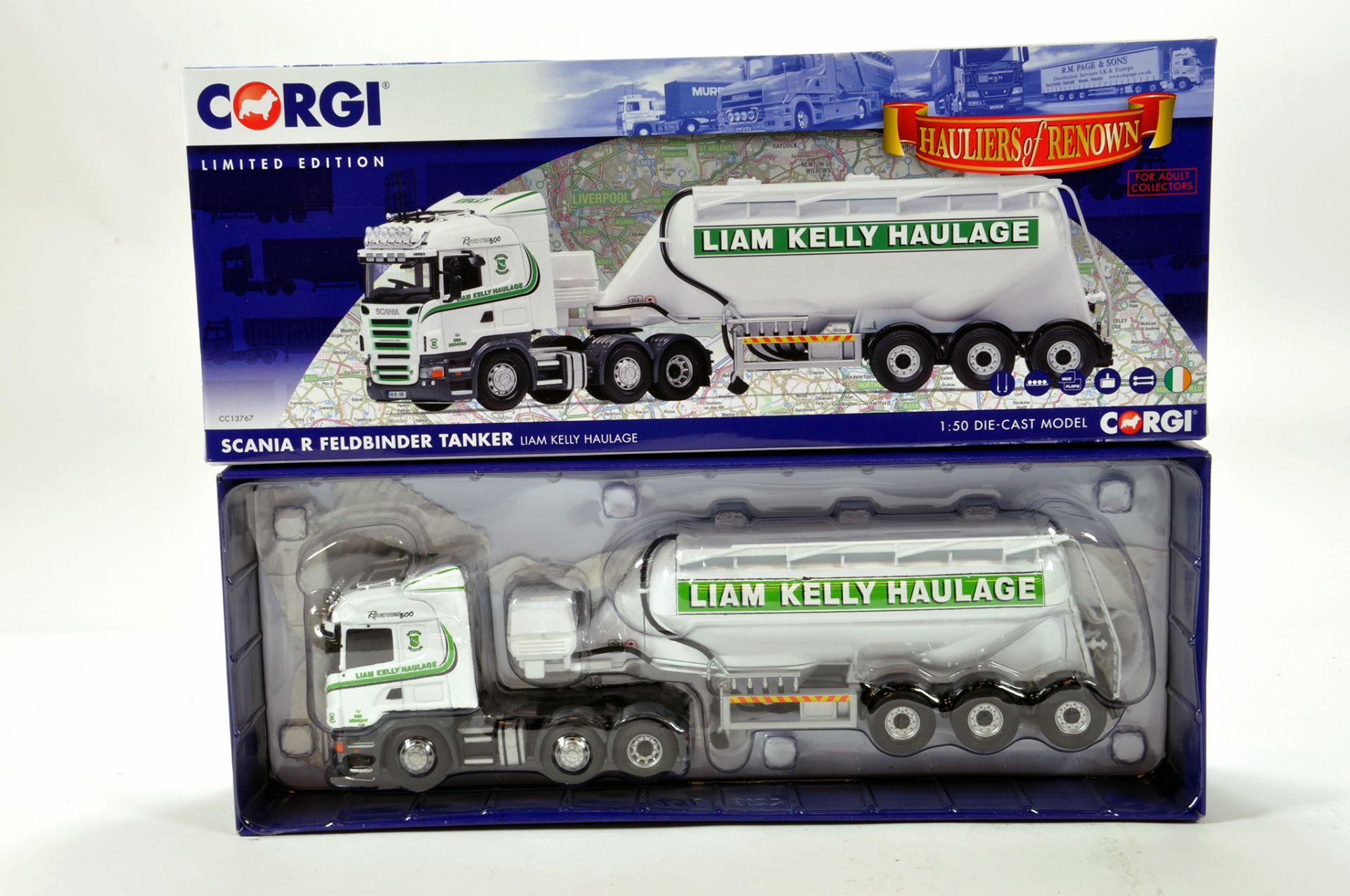 Corgi 1/50 diecast truck issue comprising No. CC13767 Scania R Feldbinder Tanker in livery of Liam