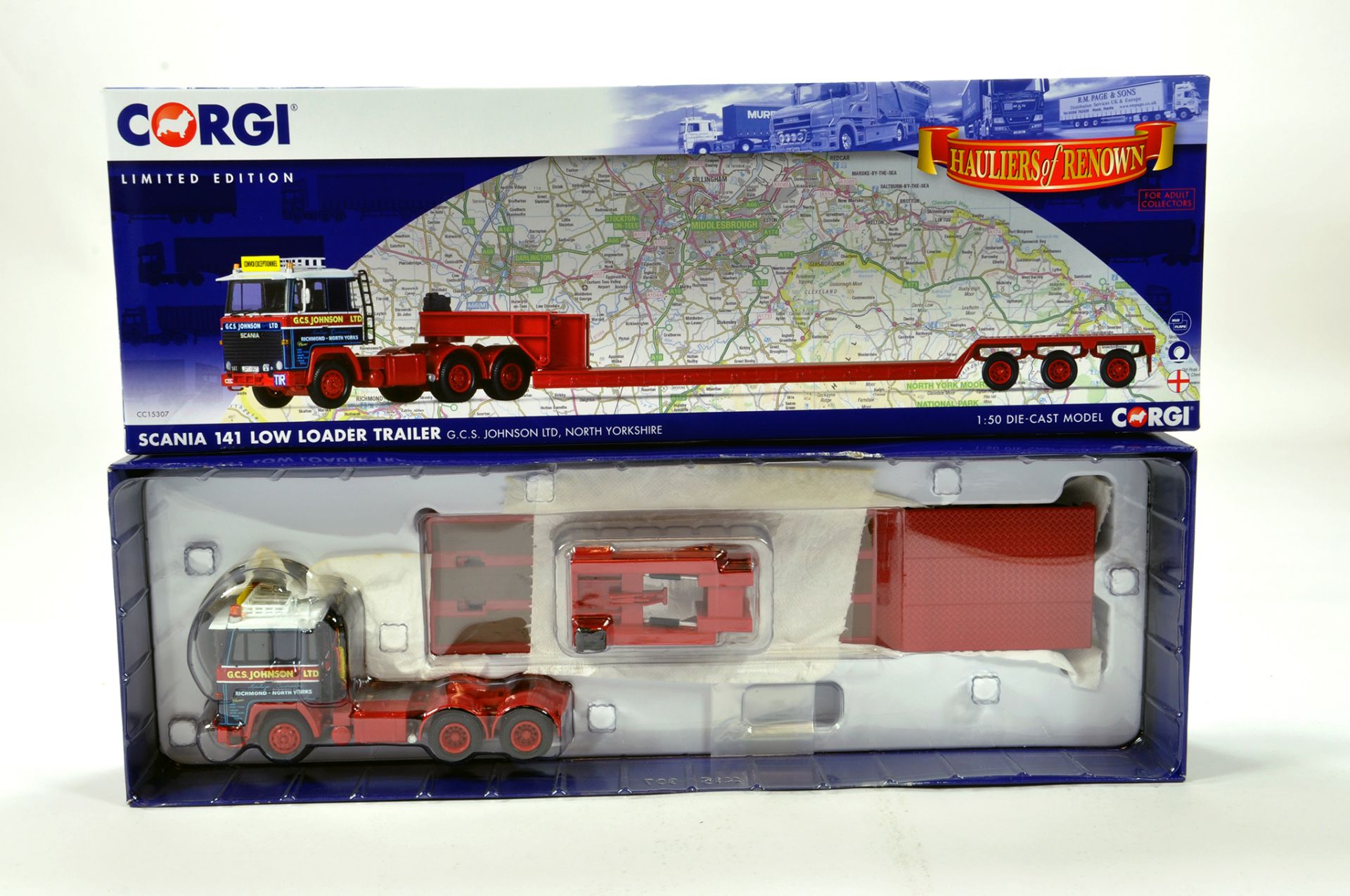 Corgi 1/50 diecast truck issue comprising No. CC15307 Scania 141 Low Loader in livery of GCS