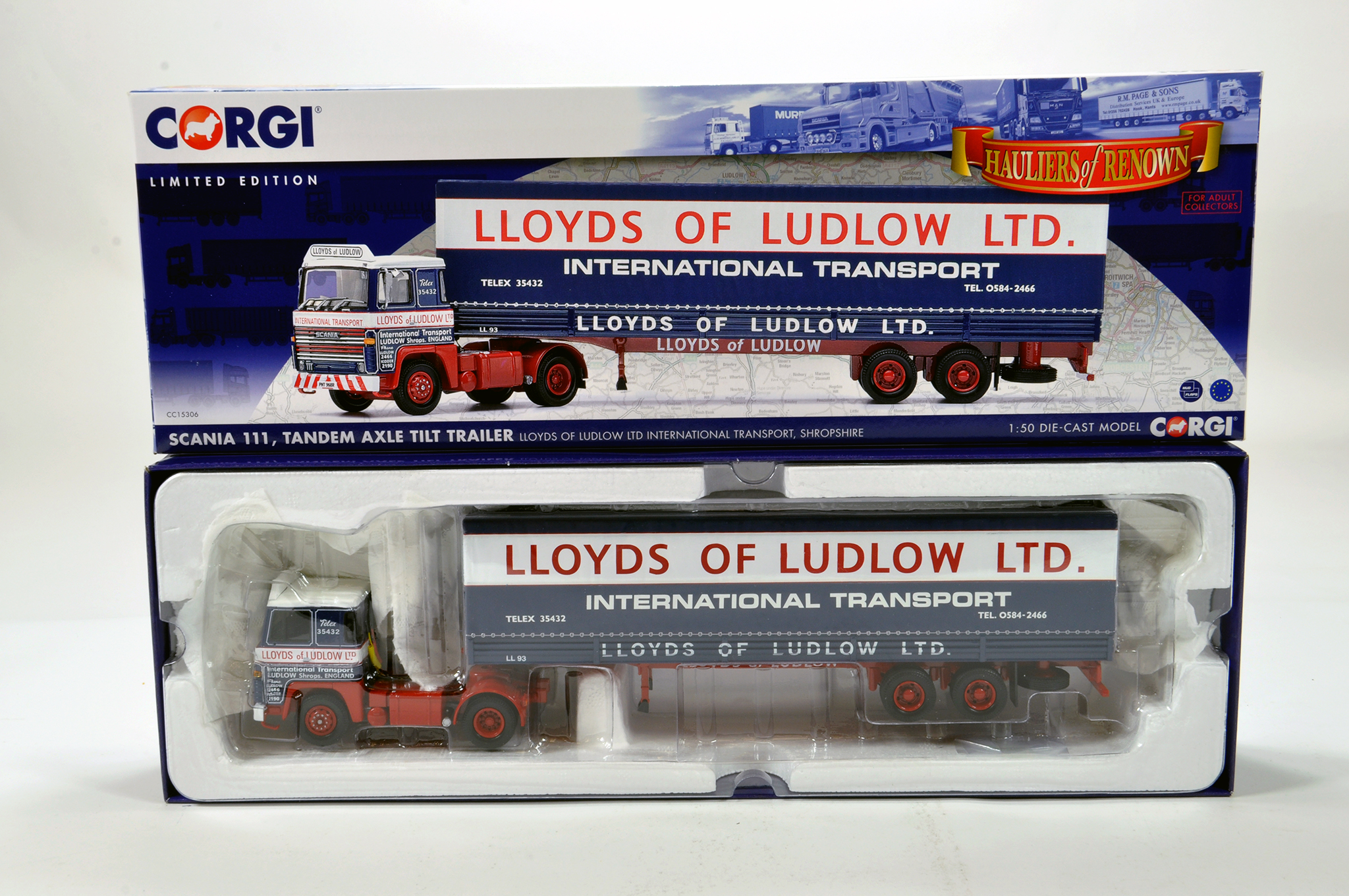 Corgi 1/50 diecast truck issue comprising No. CC15306 Scania 111 Tilt Trailer in livery of Lloyds of