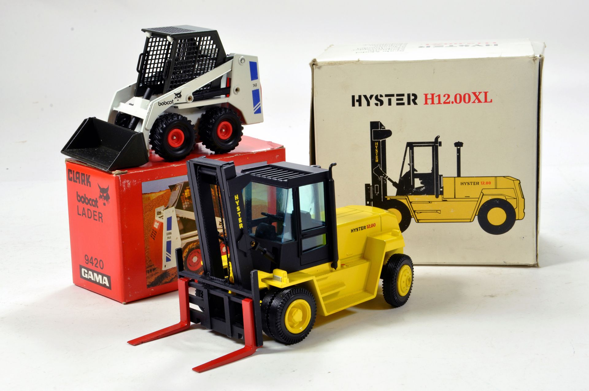 NZG scarce issue of Hyster Lift Truck plus GAMA Bobcat Wheel Loader. Generally E to NM in Boxes. (