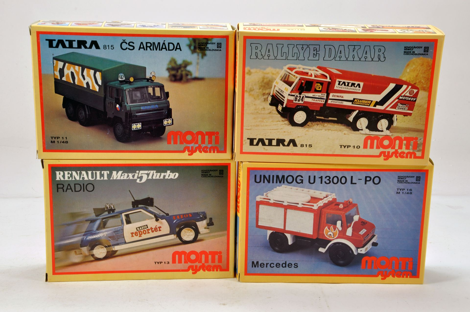 Plastic Model Kit group from Czech maker. Renault 5, Taira trucks and Unimog. Complete.