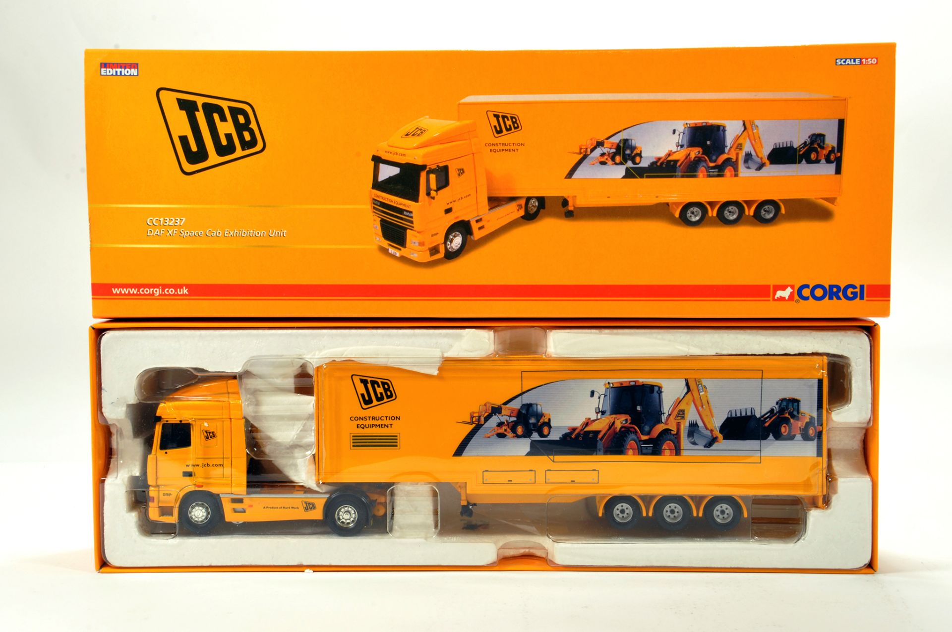 Corgi 1/50 diecast truck issue comprising No. CC13237 DAF XF Space Exhibition Unit in livery of JCB.