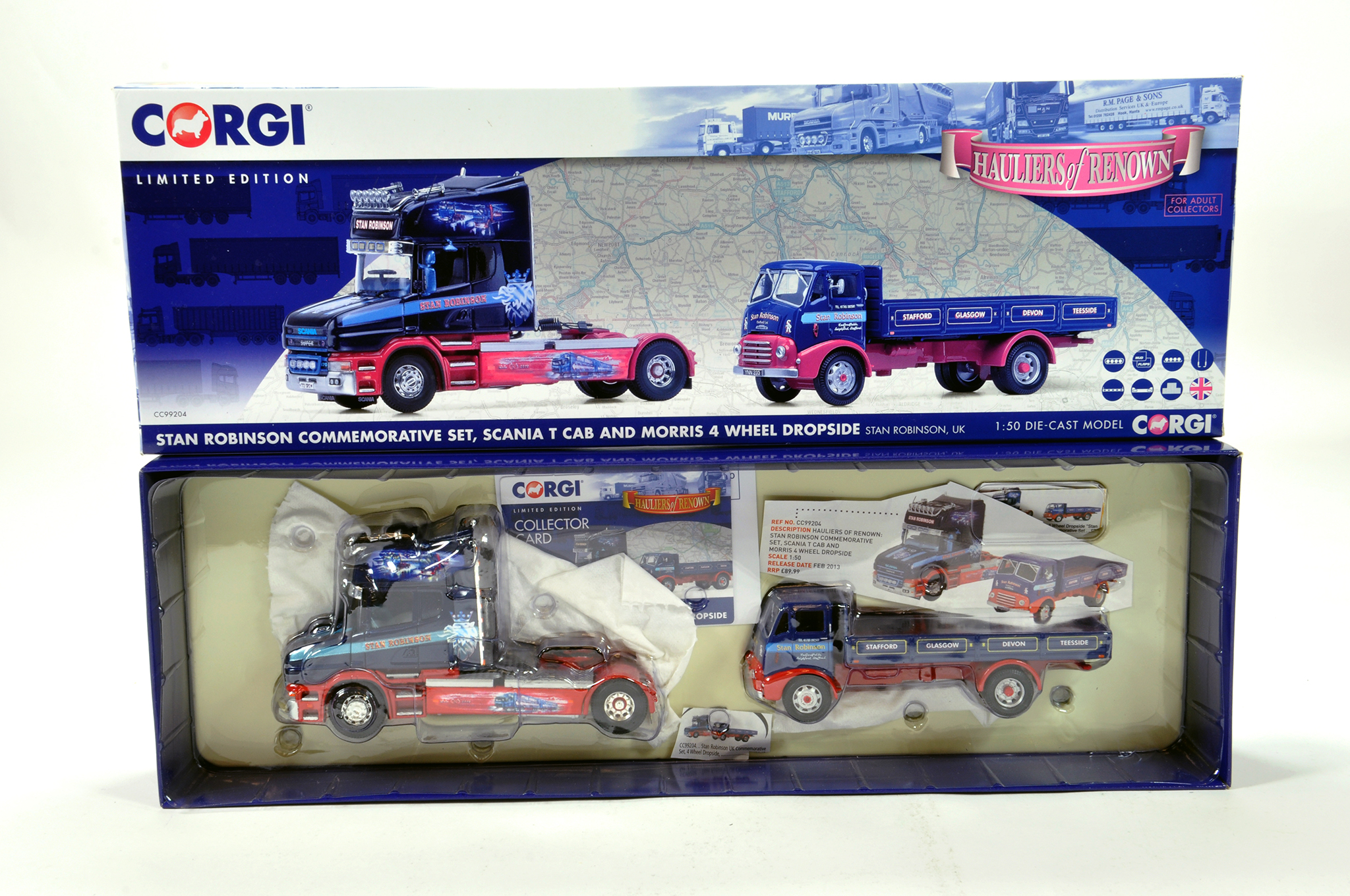 Corgi 1/50 diecast truck issue comprising No. CC99204 Scania T Cab and Morris Dropside in livery