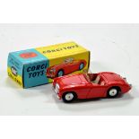 Corgi No. 300 Austin Healey Sports Car with red body, cream seats, silver trim and flat spun hubs.