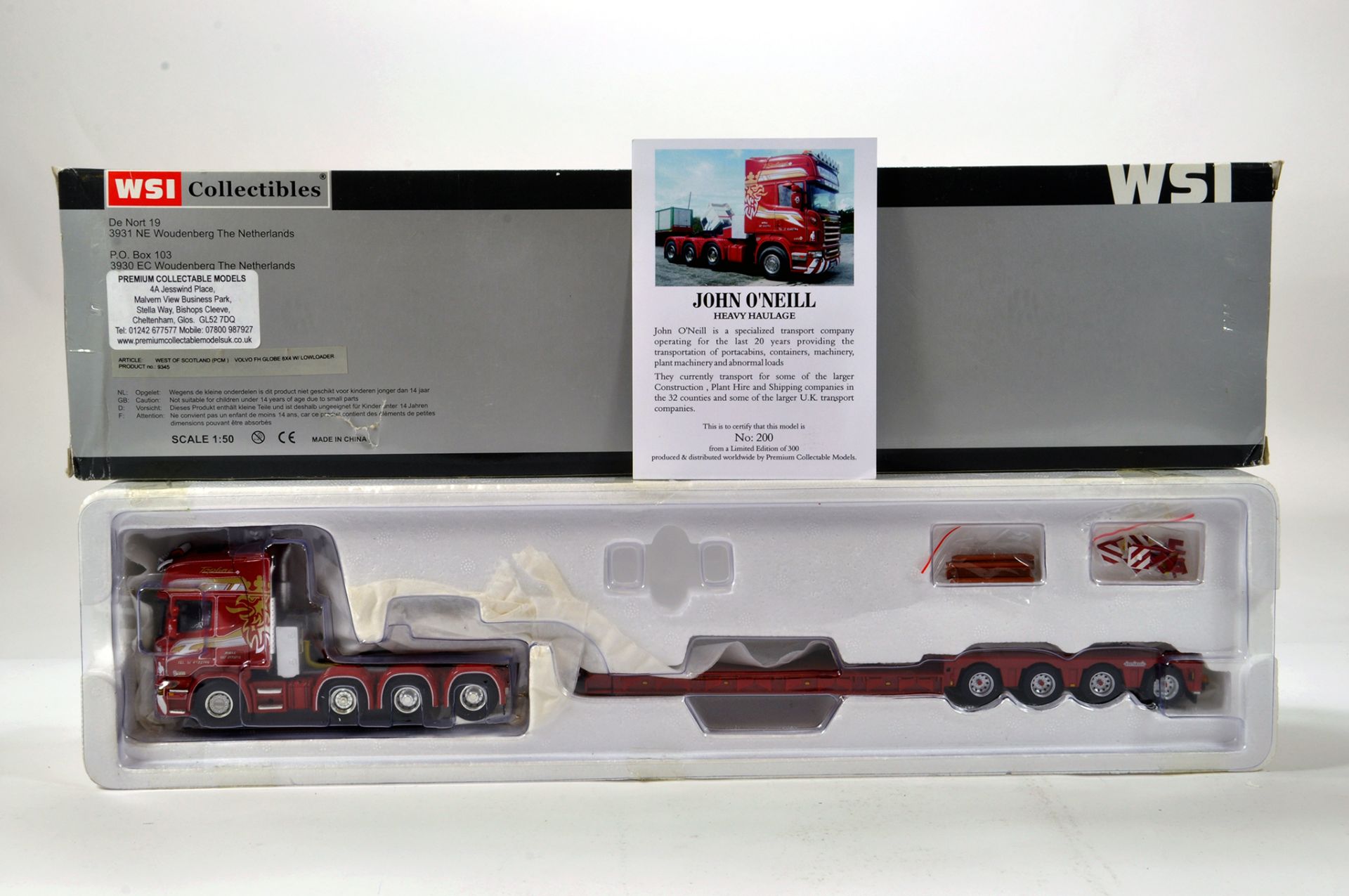 WSI 1/50 diecast precision truck issue comprising Volvo FH with Low Loader Trailer in livery of John