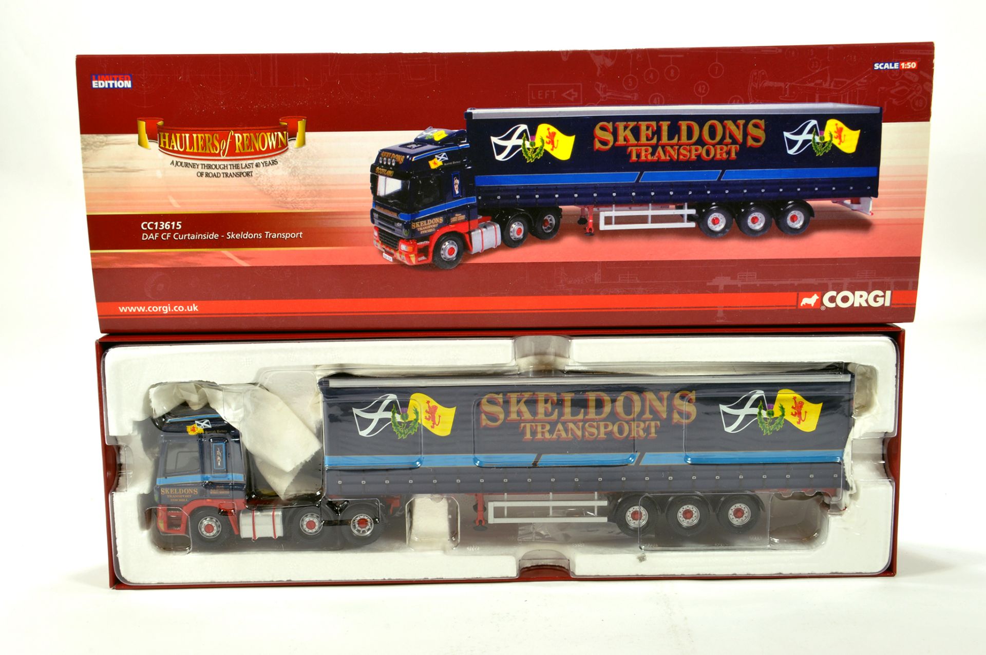 Corgi 1/50 diecast truck issue comprising No. CC13615 DAF CF Curtainside in livery of Skeldons