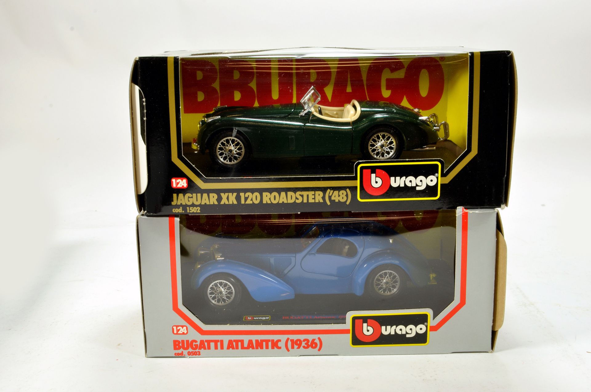 Burago 1/24 Diecast duo comprising Bugatti Atlantic and Jaguar XK120. E to NM in Boxes. (2)