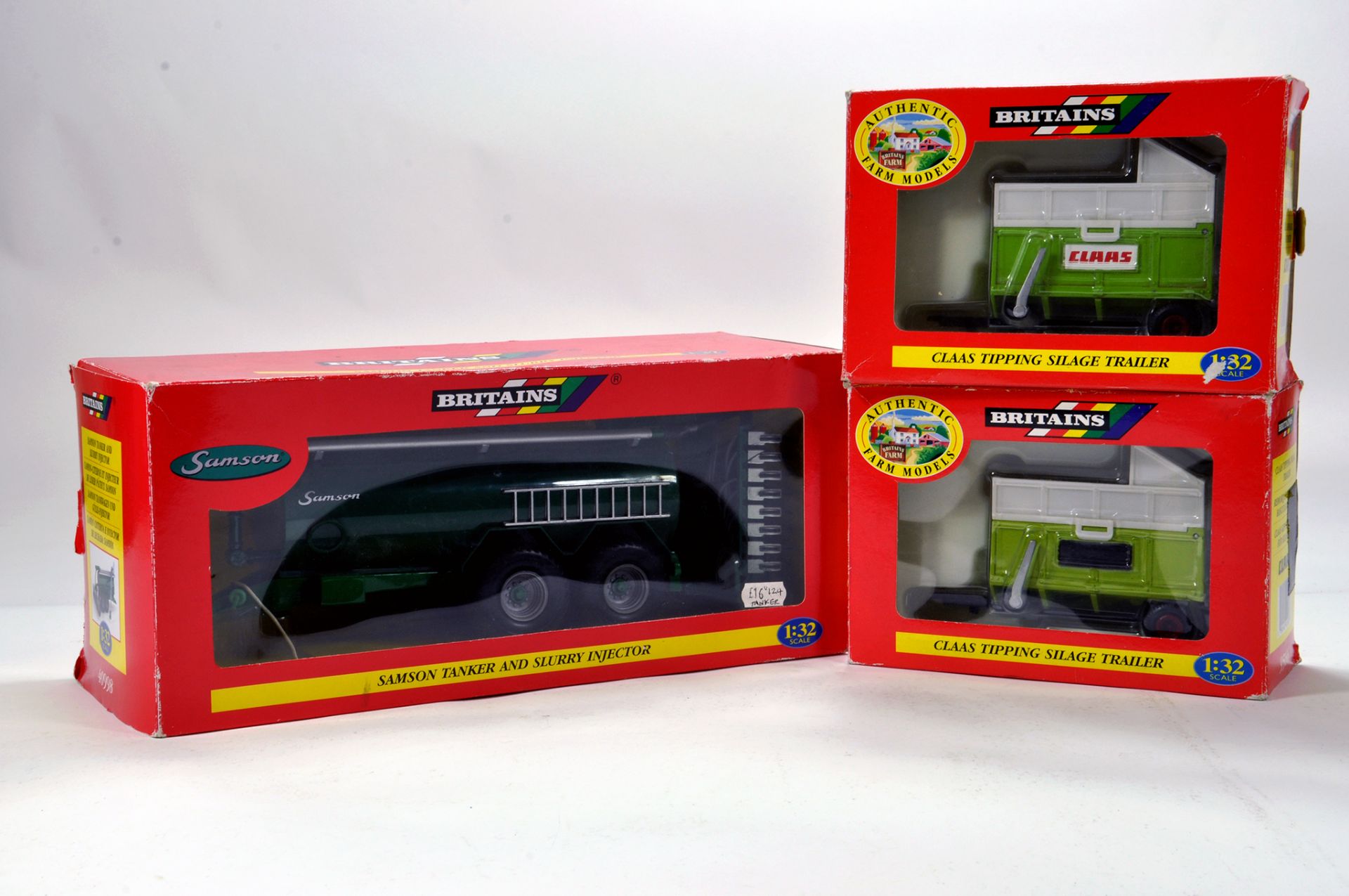 Britains 1/32 Farm Issue trio comprising Samson Tanker and duo of Claas Trailers. Generally VG to E.