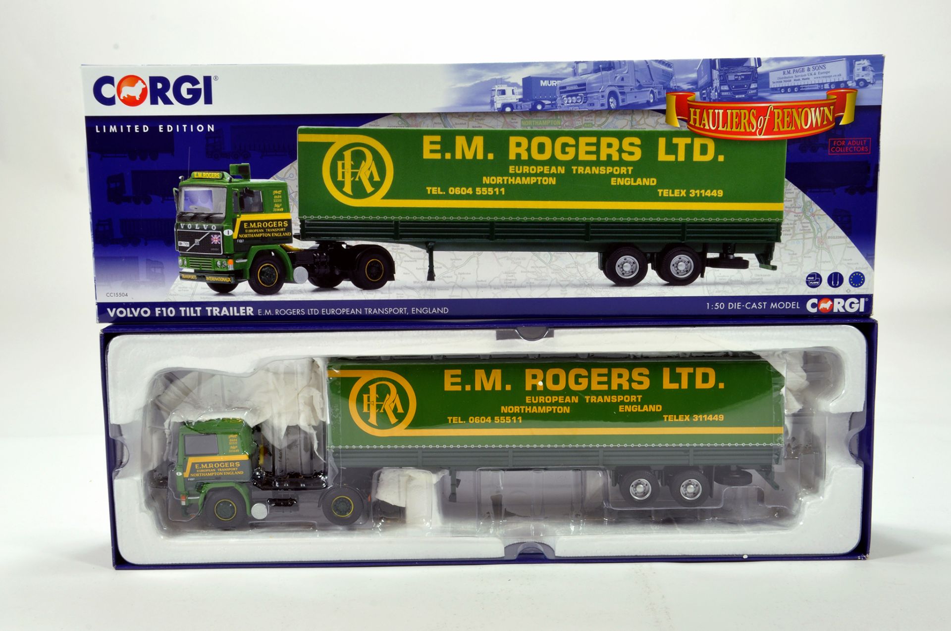 Corgi 1/50 diecast truck issue comprising No. CC15504 Volvo F10 Tilt Trailer in livery of EM Rogers.