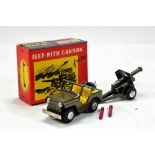 SSS Japanese issue Tin Plate Jeep and Gun Set with shells. Generally VG to E in E Box.