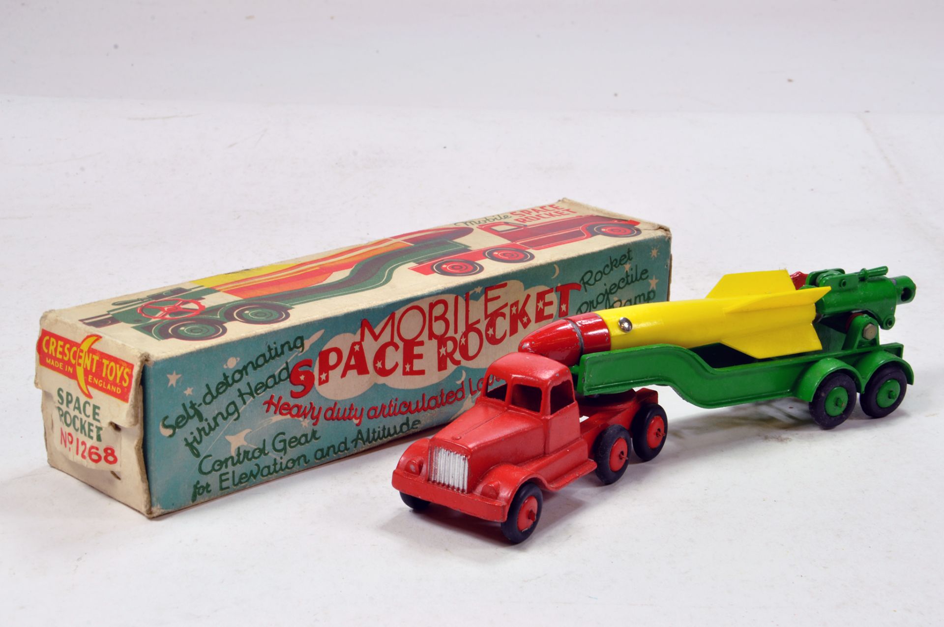 Crescent Toys No. 1268 Mobile Space Rocket. Lovely example is E to NM in VG to E Box.