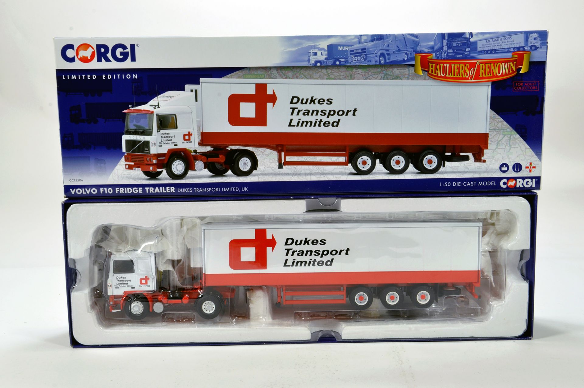 Corgi 1/50 diecast truck issue comprising No. CC15506 Volvo F10 Fridge Trailer in livery of Dukes