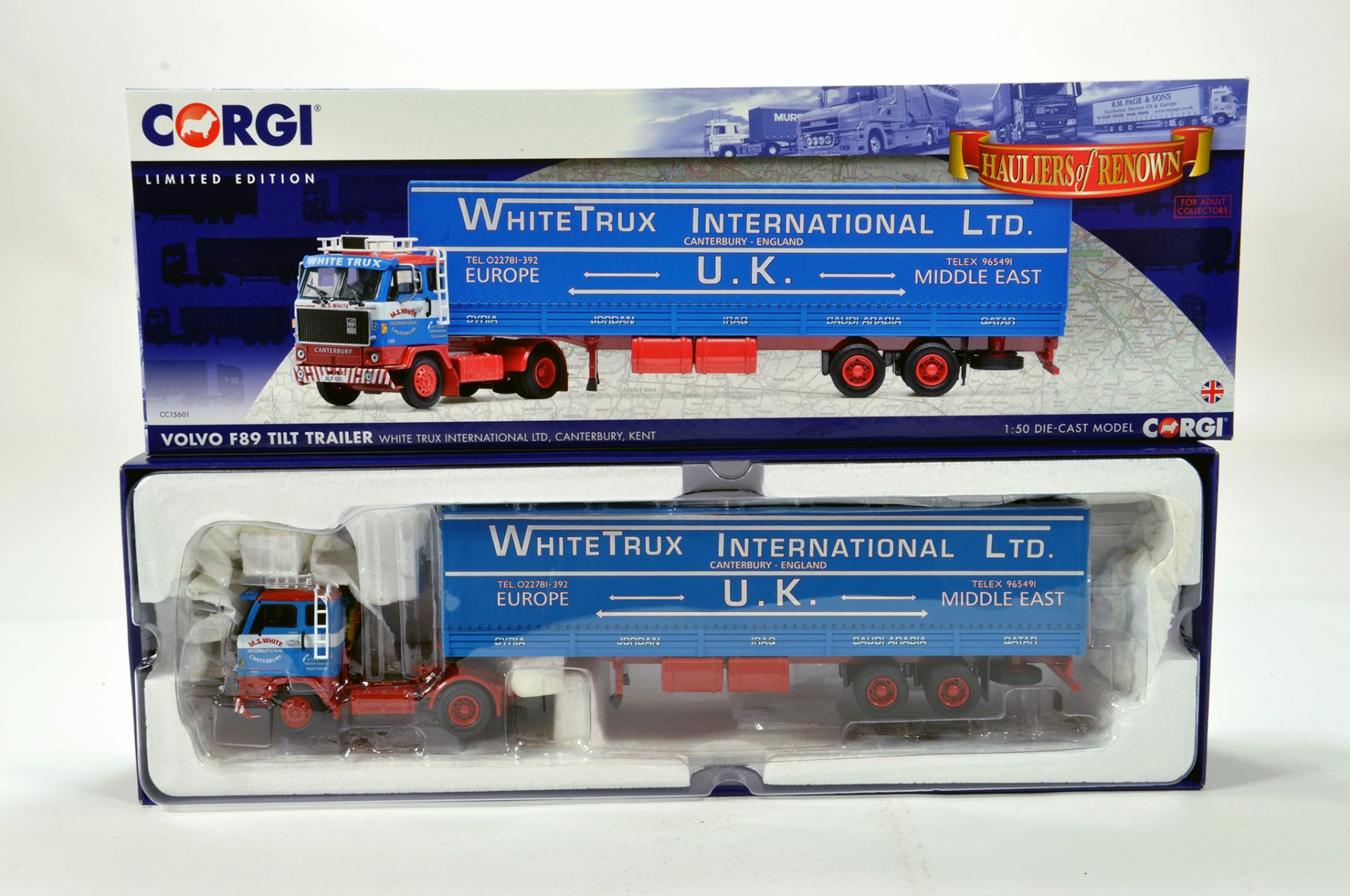 Corgi 1/50 diecast truck issue comprising No. CC15601 Volvo F89 Tilt Trailer in livery of White Trux