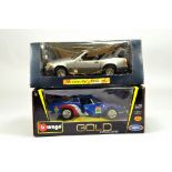 1/18 diecast duo comprising Burago Renault RallyE plus Mercedes Benz 500SL. Generally E to NM in