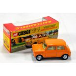 Corgi No. 204 Morris Mini Minor in orange body with silver painted base and lemon interior. Rarer