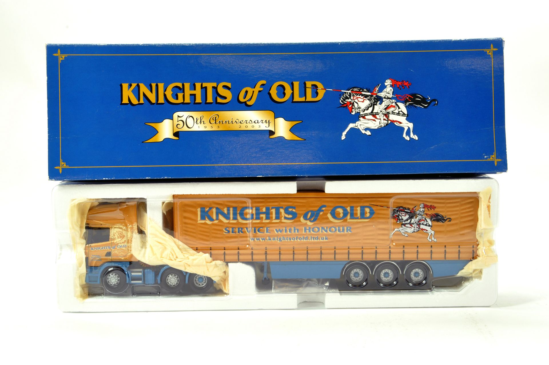 Corgi 1/50 diecast truck issue comprising No. CC12911 Scania R Curtainside in livery of Knights of