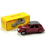 French Dinky No. 535 Citroen 2CV with maroon body and grey roof panel and hubs. E to NM in VG Box.