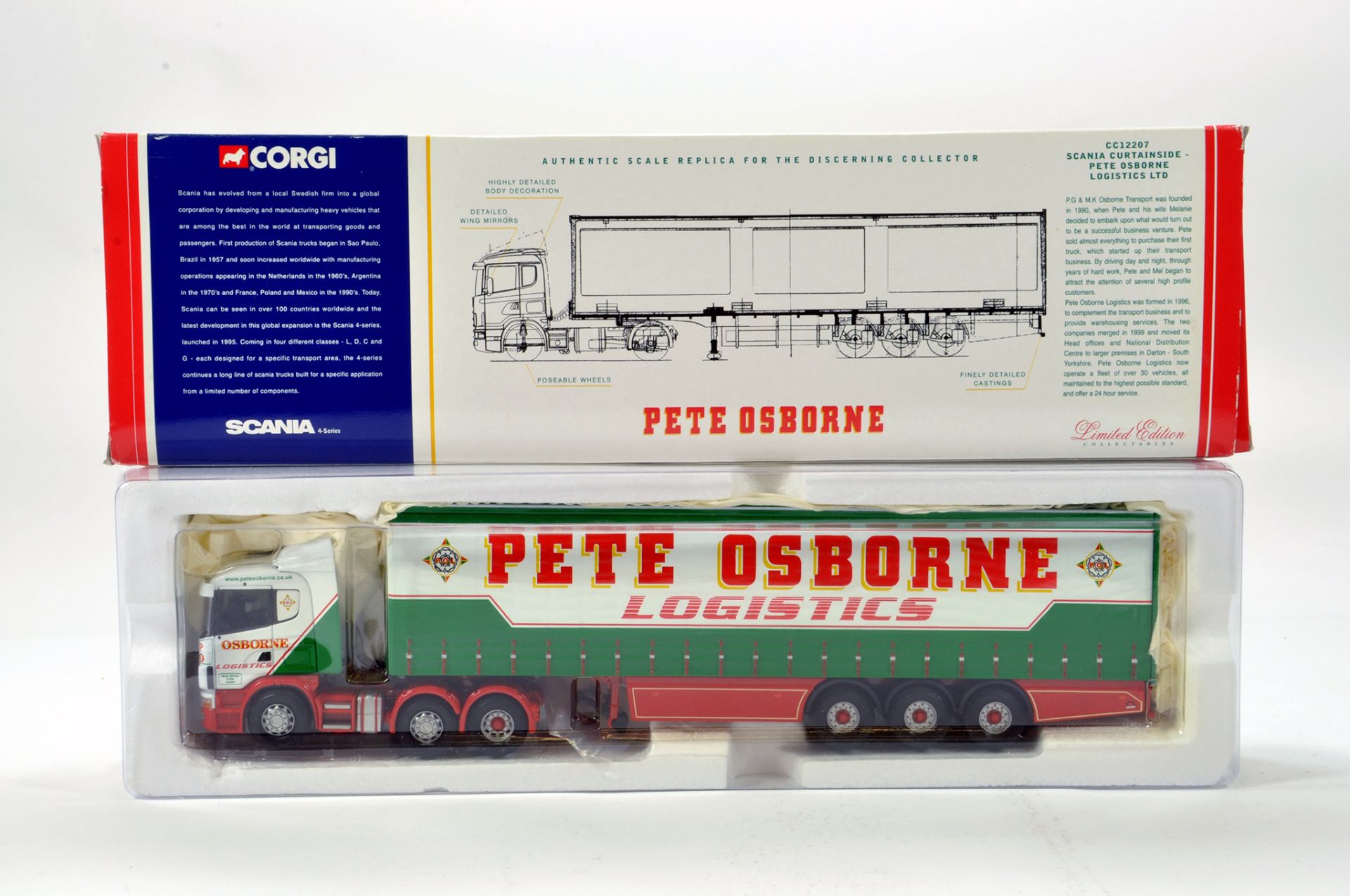 Corgi 1/50 diecast truck issue comprising No. CC12207 Scania Curtainside in livery of Pete