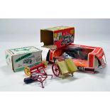 Various Britains Farm issues comprising empty muledozer box, plough set and worn implements etc. F.