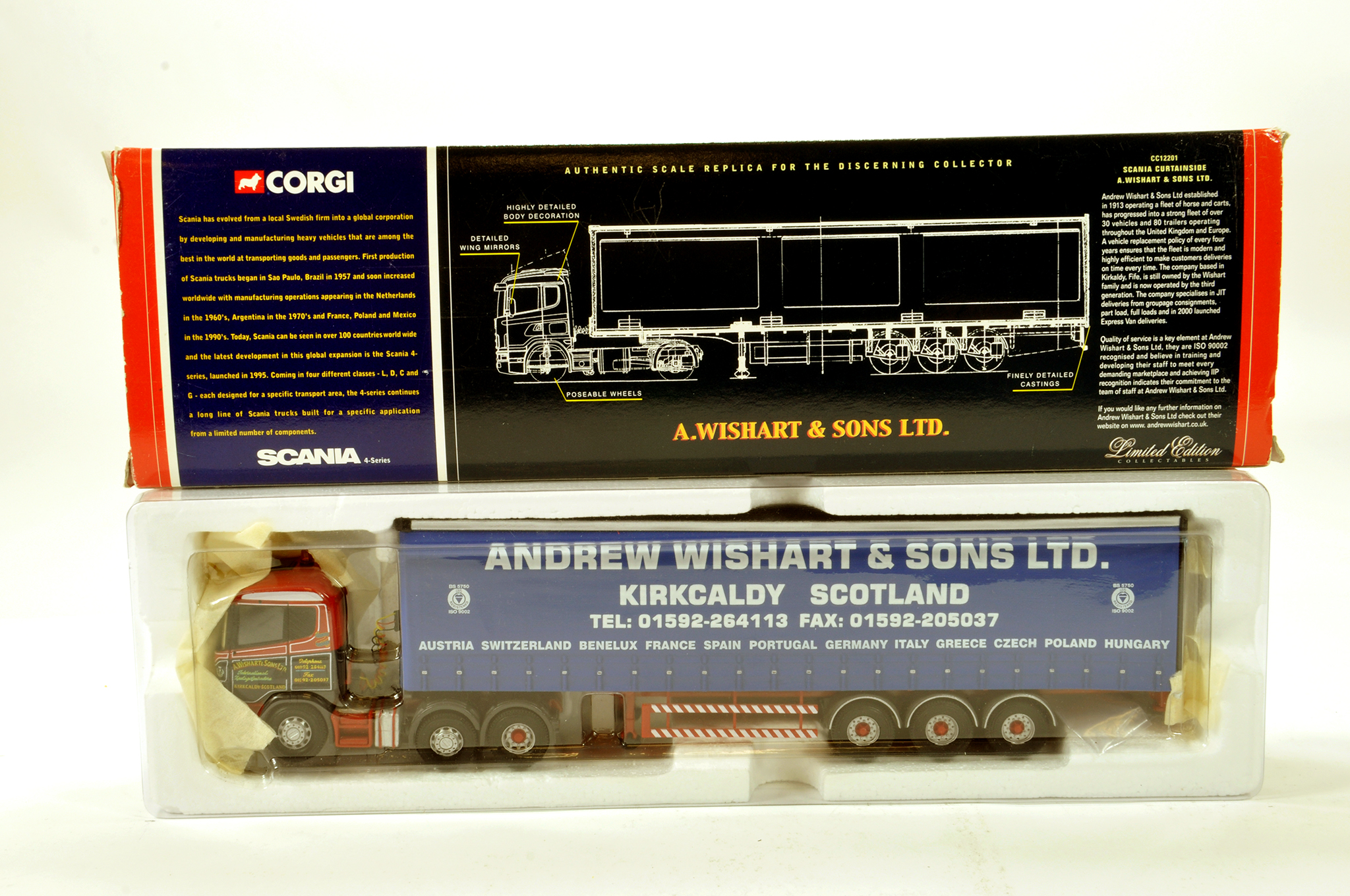 Corgi 1/50 diecast truck issue comprising No. CC12201 Scania Curtainside in livery of A Wishart. E