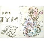 FRANK AUERBACH [1931 -]. Elephants on Motorbikes [Vroom - Vroom]. ink and crayon on paper, dedicated