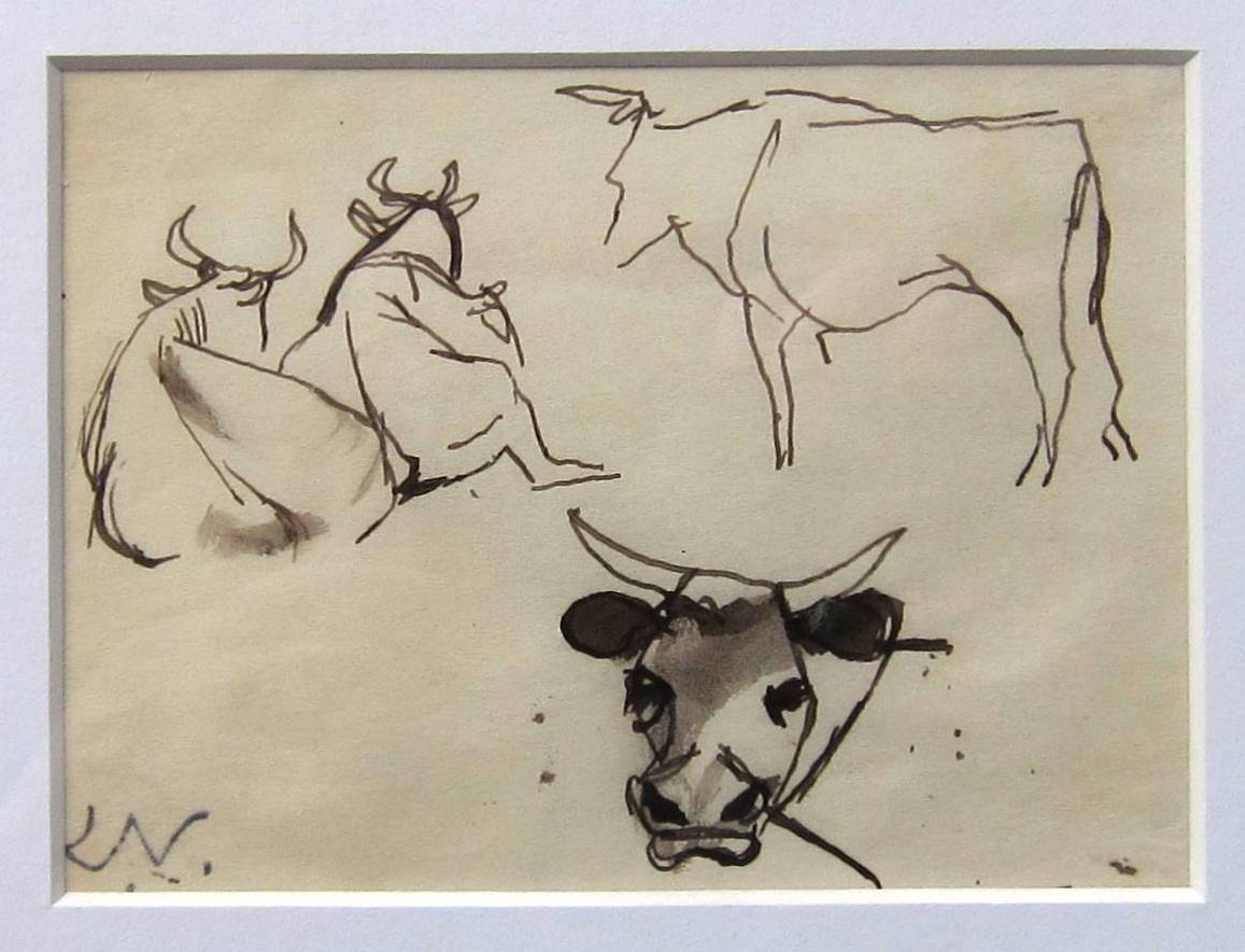 KEITH VAUGHAN [1912-77]. Cows, 1943. ink drawing, studio stamp initials bottom left. 9 x 11 cm [