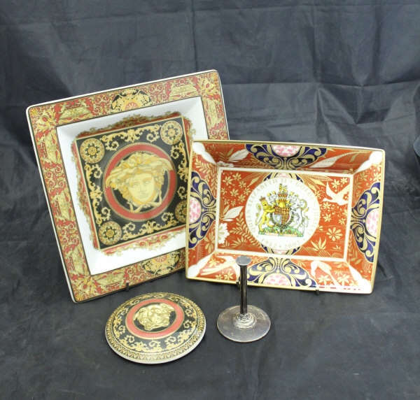 A Royal Worcester Queen Elizabeth II Golden Jubilee trinket dish, two Versace square dishes,