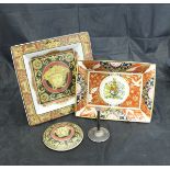 A Royal Worcester Queen Elizabeth II Golden Jubilee trinket dish, two Versace square dishes,