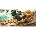 Six various walking sticks and a china shire horse and wooden cart ornament