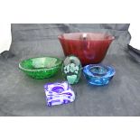 A selection of glass bowls and vases to include a Whitefriars bowl, a Victorian glass dump,