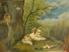 WITHDRAWN ENGLISH SCHOOL "A Spaniel, a monkey and blue tit in a tree" oil on board,
