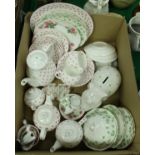 A box containing various chinawares including Nina Campbell loveheart decorated tea wares,