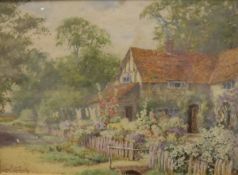 LILIAN STANNARD "Cottage scene with flowers in garden", watercolour,