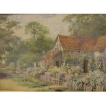 LILIAN STANNARD "Cottage scene with flowers in garden", watercolour,