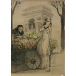 AFTER LOUIS ICART (1888-1950) "Arc de Triomphe", study of a lady with flower seller,