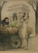 AFTER LOUIS ICART (1888-1950) "Arc de Triomphe", study of a lady with flower seller,