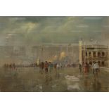 DAVID MYNETT "Venetian crowd scene with gondoliers and gondolas in the background", pastel,