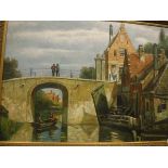 CONTINENTAL SCHOOL "Continental river scene with figures in foreground in boat and on bridge",