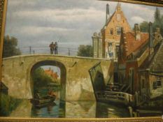 CONTINENTAL SCHOOL "Continental river scene with figures in foreground in boat and on bridge",