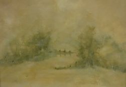 ENGLISH SCHOOL "River landscape with figure and boat in distance", oil on board, unsigned,