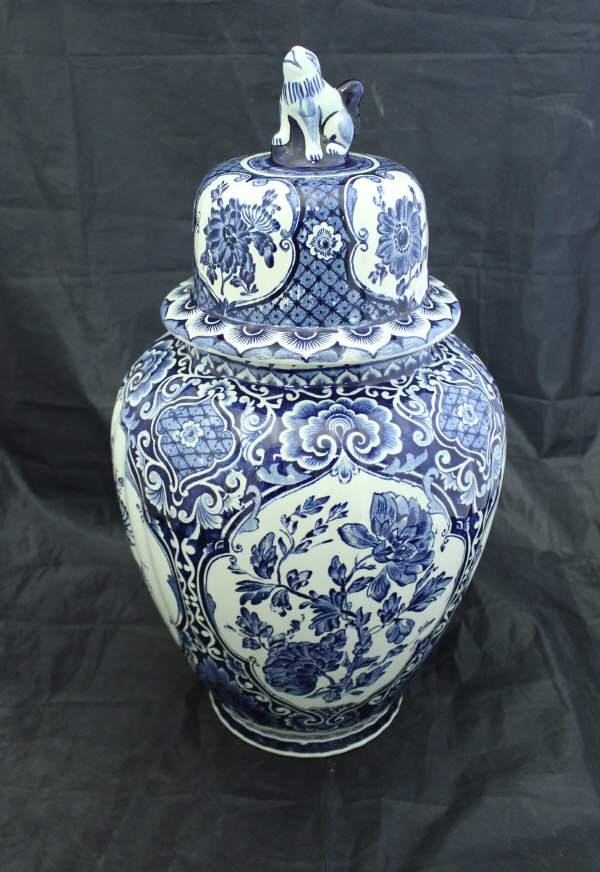 A Boch for Royal Sphinx blue and white Delft ware vase and cover