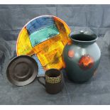 A Poole Pottery "Living Glaze" red on black design vase and lidded pot designed by Patricia Wells,