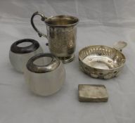 A pair of white metal mounted ribbed glass table lighters together with a Victorian silver