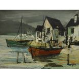 BIRO "White-washed fisherman's houses and fishing boats by water's edge" oil on canvas signed lower