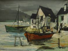 BIRO "White-washed fisherman's houses and fishing boats by water's edge" oil on canvas signed lower