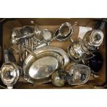 A box of assorted plated wares to include a four piece plated tea set, a three piece plated tea set,