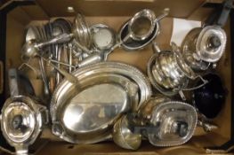 A box of assorted plated wares to include a four piece plated tea set, a three piece plated tea set,